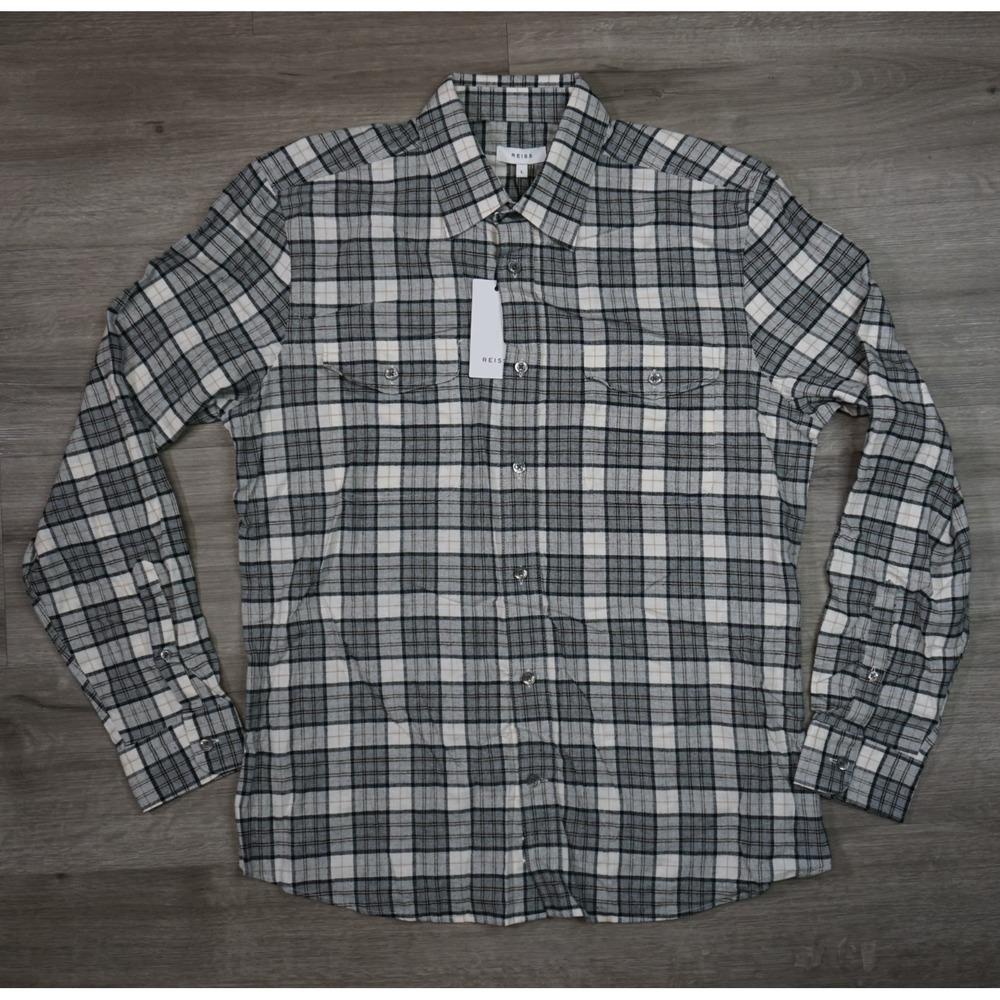 $195 Reiss Twin Pocket Overshirt Mens Large Gray Tan Plaid Check Textured Cotton